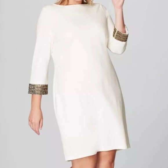Christian Siriano /J.Jill Beaded-Cuff Shift Dress Size XL Midi Cream Stretch - Picture 1 of 13